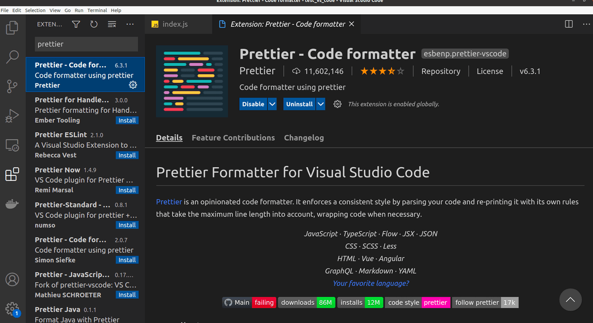 VS code prettier